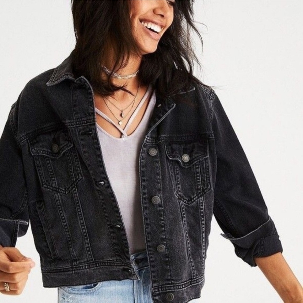 American Eagle Lace-Up Charcoal Denim Jacket - Size XXS